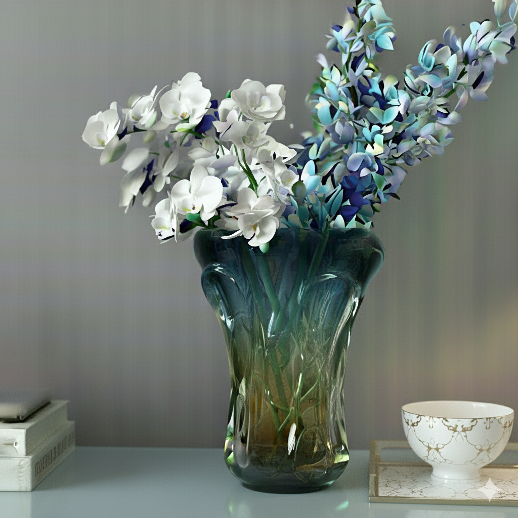 Boho Glass Vase Hand Blown – 27cm Blue & Yellow Murano Art Style