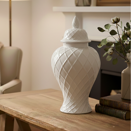 Bromley Diamond Pattern White Ceramic Jar