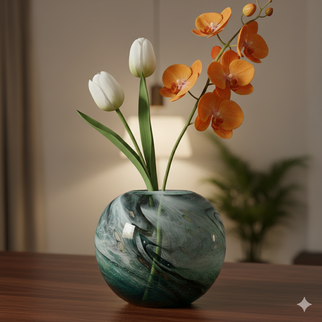 Faux Marble Glass Vase Blue Gold 28cm