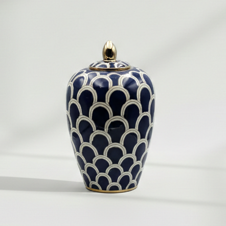 Navy White and Gold Ceramic Decorative Urn