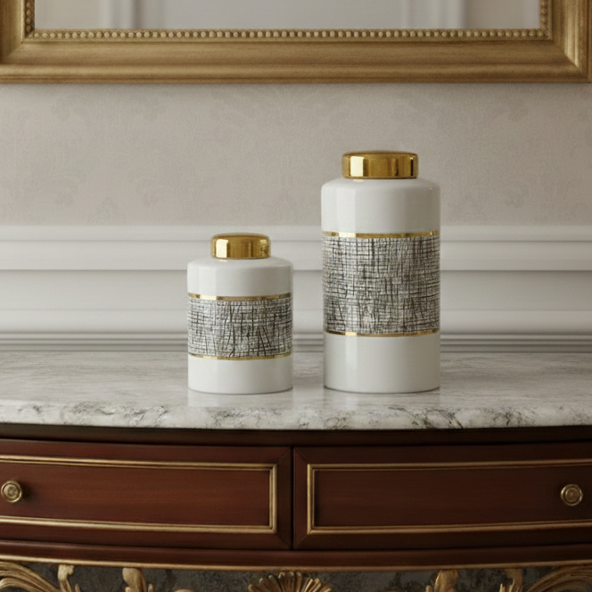 Black White Gold Mesh Porcelain Jar