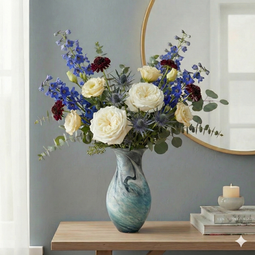 Oceanic Teal Marbled Ceramic Flared Vase 39cm