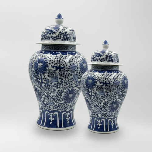 Vintage Blue & White Floral Ginger Jar Set