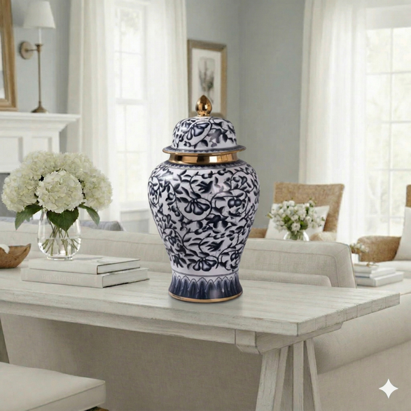 Handcrafted Navy Gold Motif Ceramic Jar