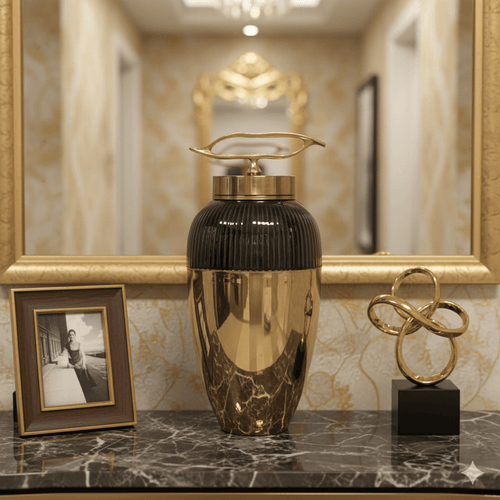 Gold Brown Mosaic Ceramic Jar Tall 45cm on marble table, home decor