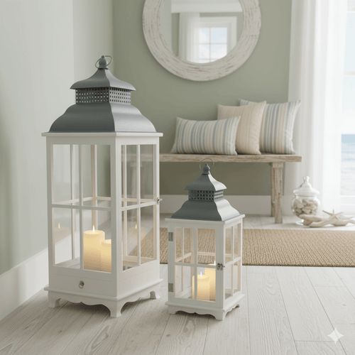 Tall Rustic Wood & Metal Lantern Set with candles in a farmhouse living room, featuring distressed wood and metal design.