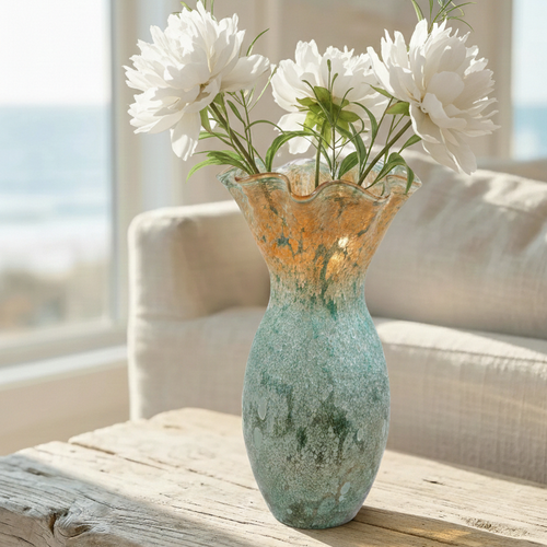 Murano Style Green and Gold Aventurine Tall Vase