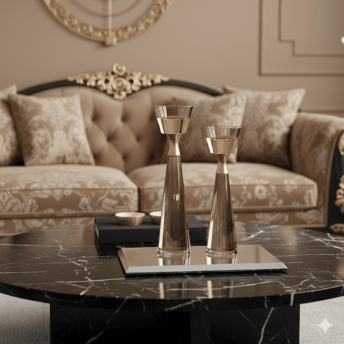 Refined Crystal & Bronze Candle Holder Set as a luxurious centerpiece in an elegant living room on a marble table.