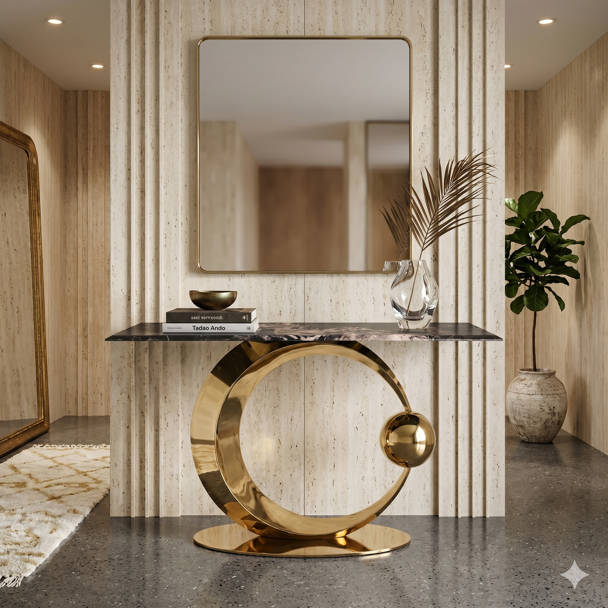 Eclipse Marble and Gold Sculptural Console Table