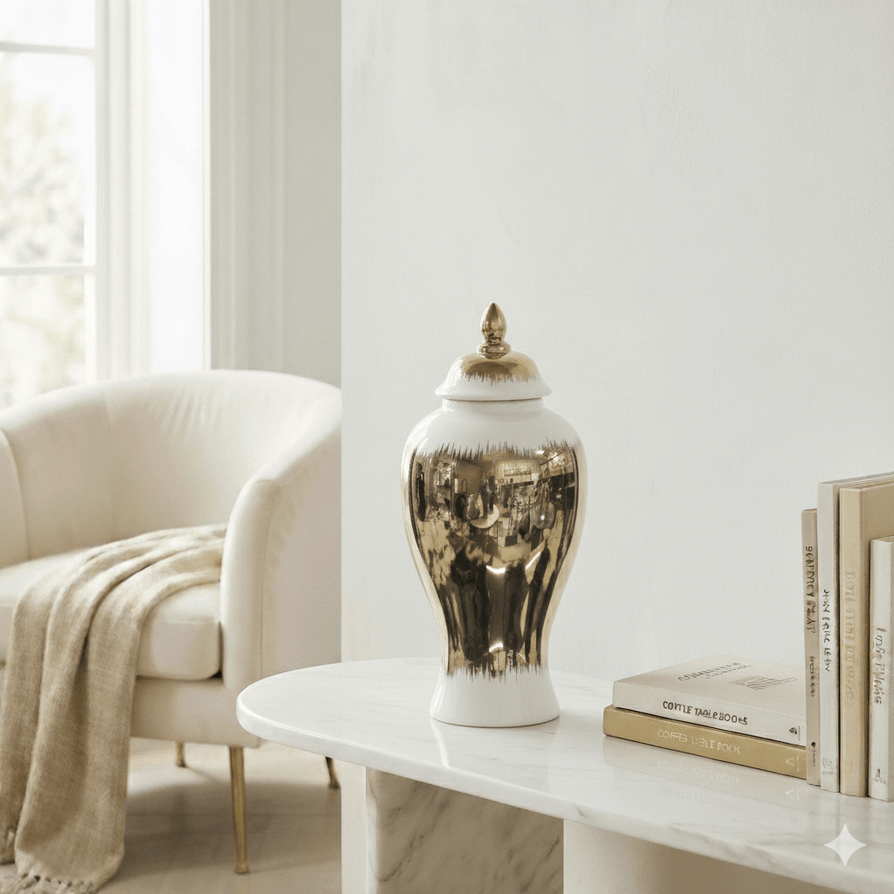 Glossy Ceramic White to Gold Ombre Jar