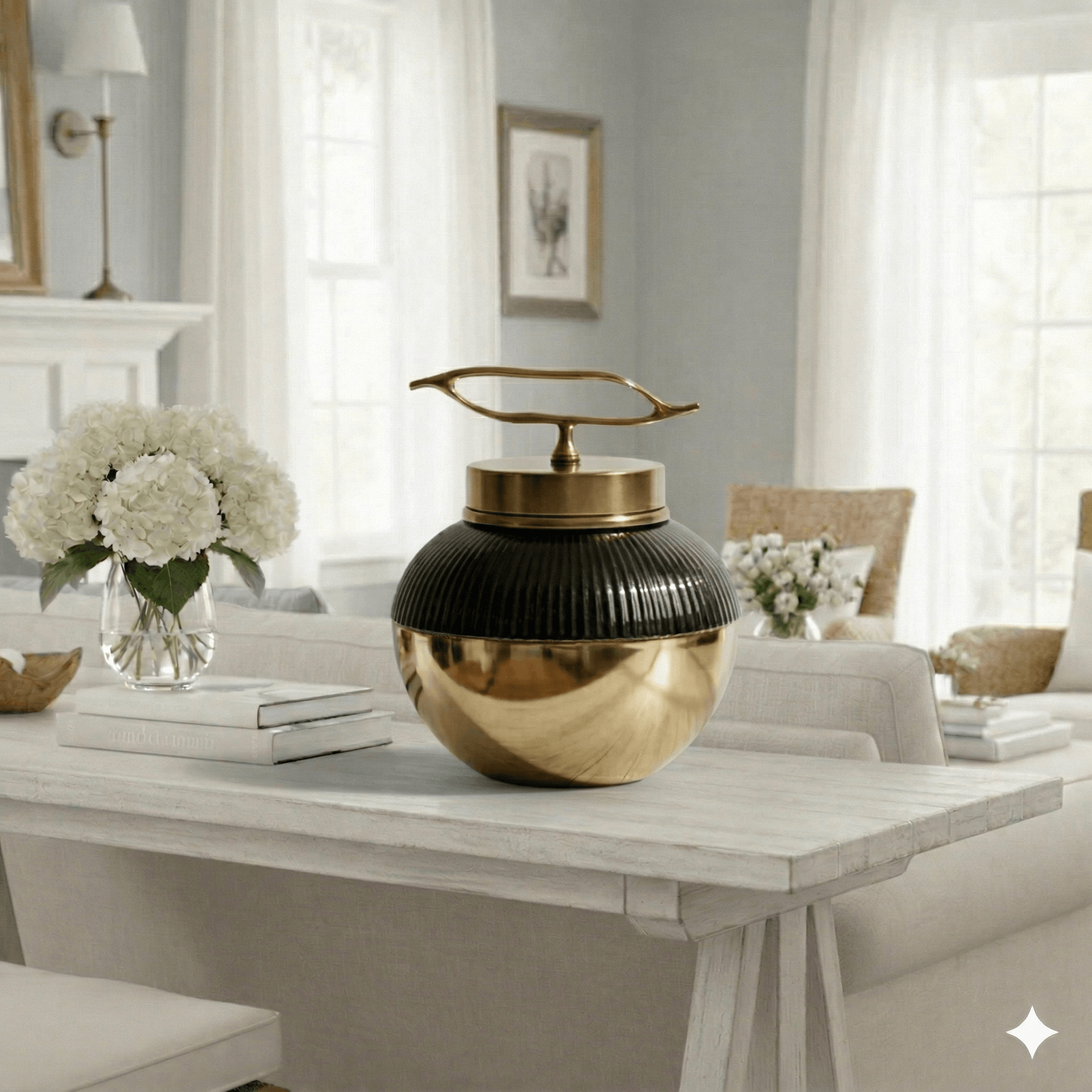 Gold Brown Mosaic Ceramic Jar Brass Accent