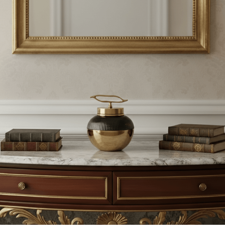 Gold Brown Mosaic Ceramic Jar Brass Accent