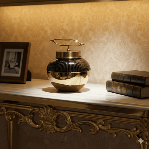 Gold Brown Mosaic Ceramic Jar Brass Accent