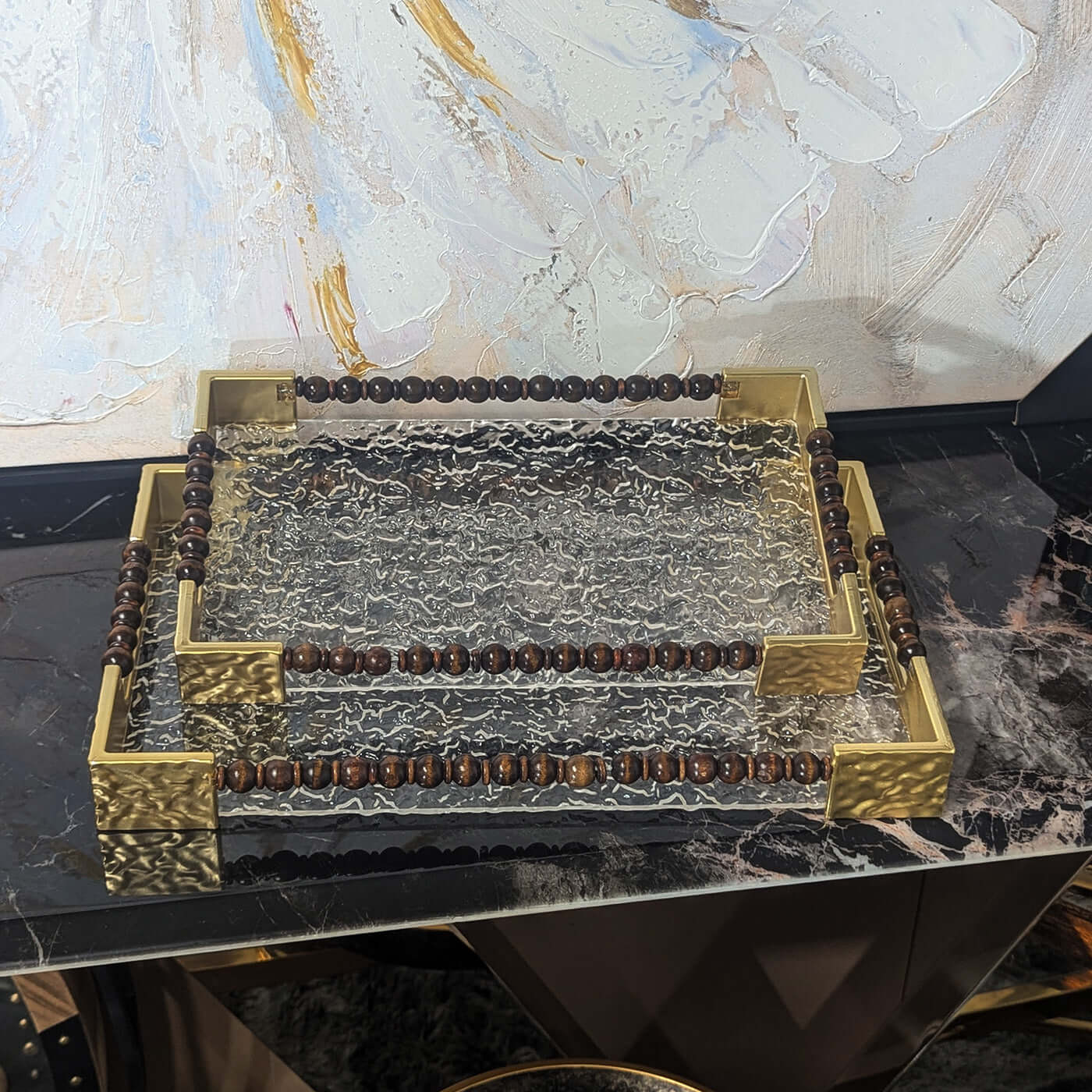 Gold Handle Acrylic & Wood Serving Tray