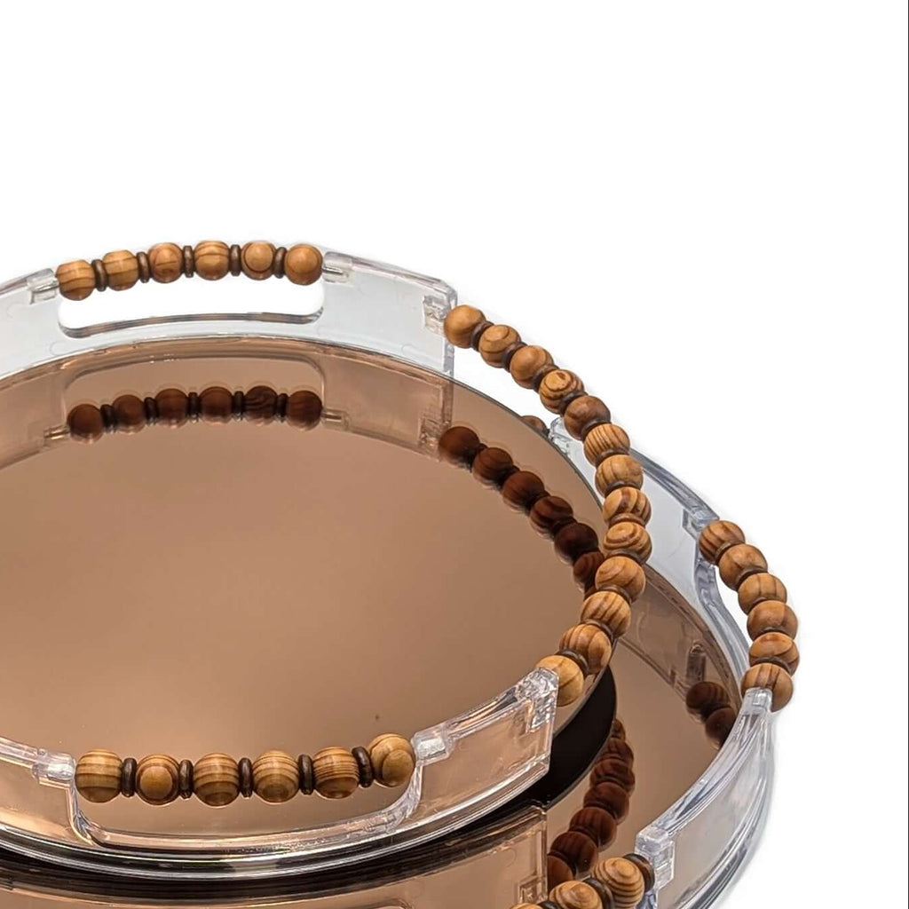 Gold Trim Round Mirror Serving Tray Set