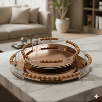 Gold Trim Round Mirror Serving Tray Set