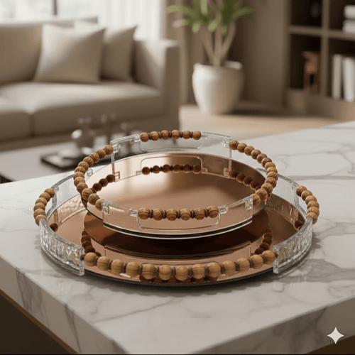 Gold Trim Round Mirror Serving Tray Set