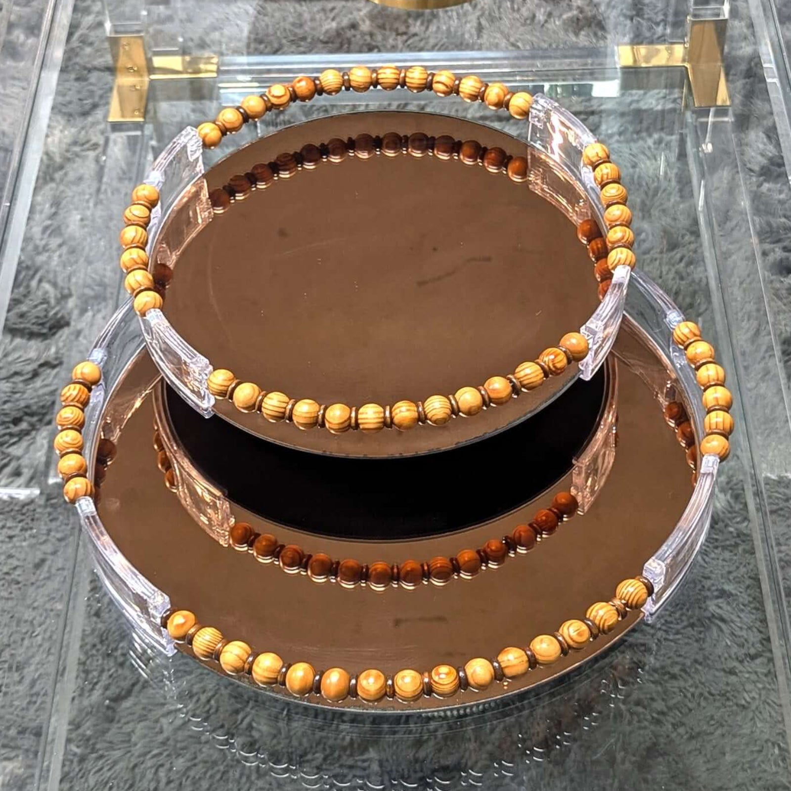 Gold Trim Round Mirror Serving Tray Set