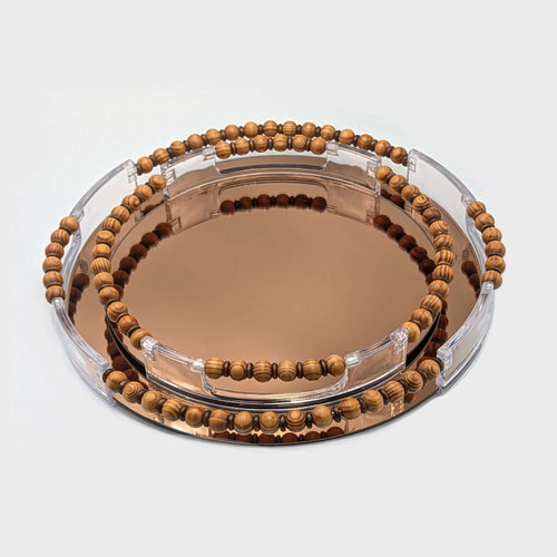 Gold Trim Round Mirror Serving Tray Set