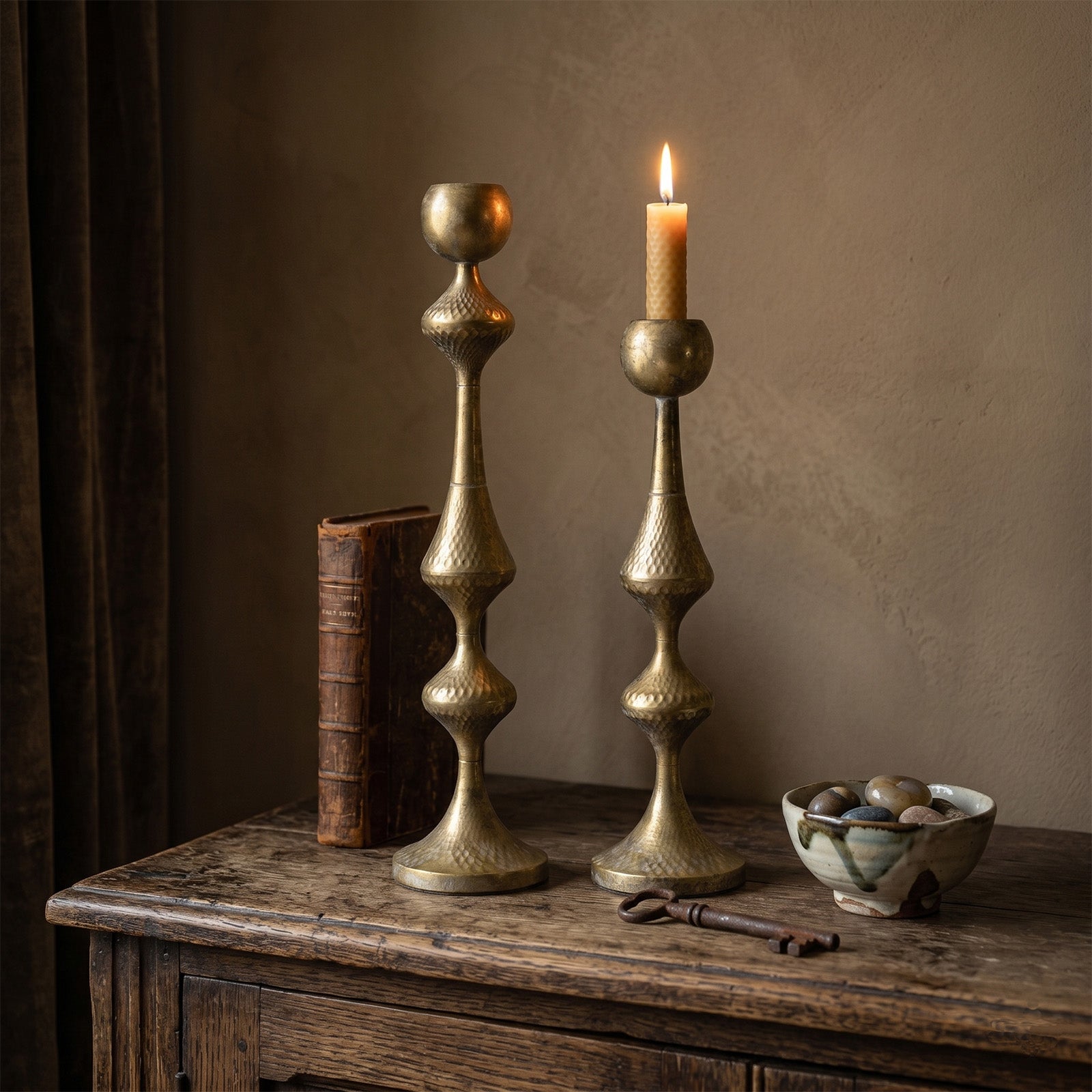 Luxor Antique Brass Hammered Candle Holders Set