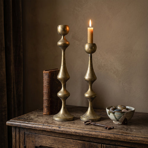 Luxor Antique Brass Hammered Candle Holders Set