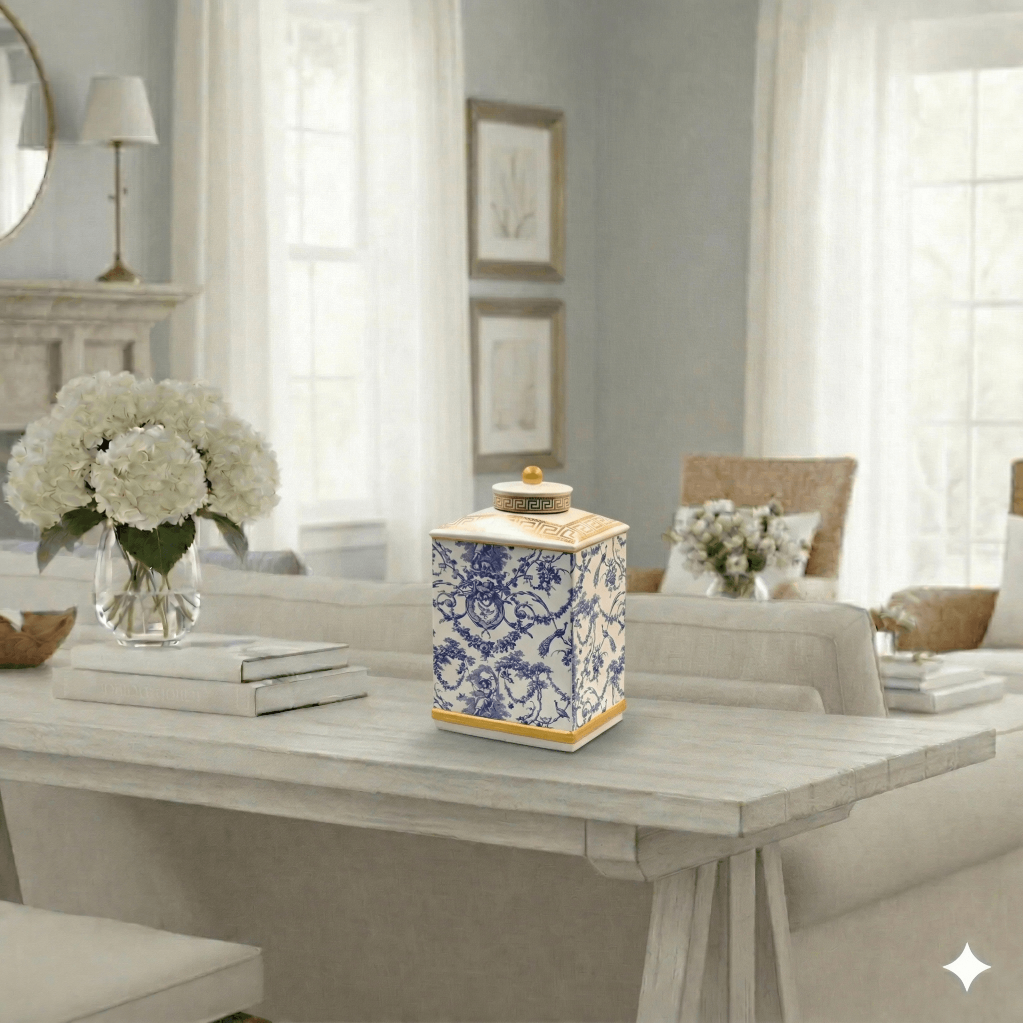 Hamptons Blue White Gold Accent Ginger Jar