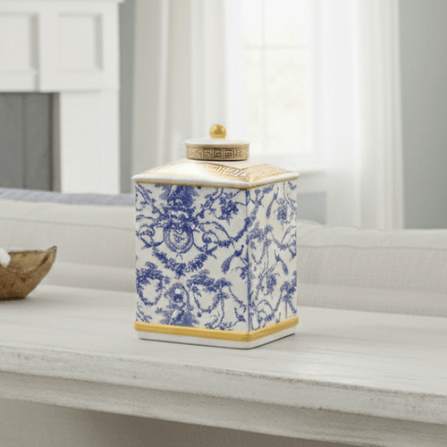Hamptons Blue White Gold Accent Ginger Jar