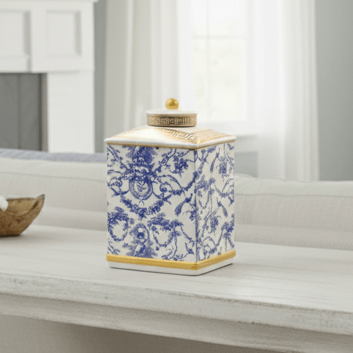 Hamptons Blue White Gold Accent Ginger Jar