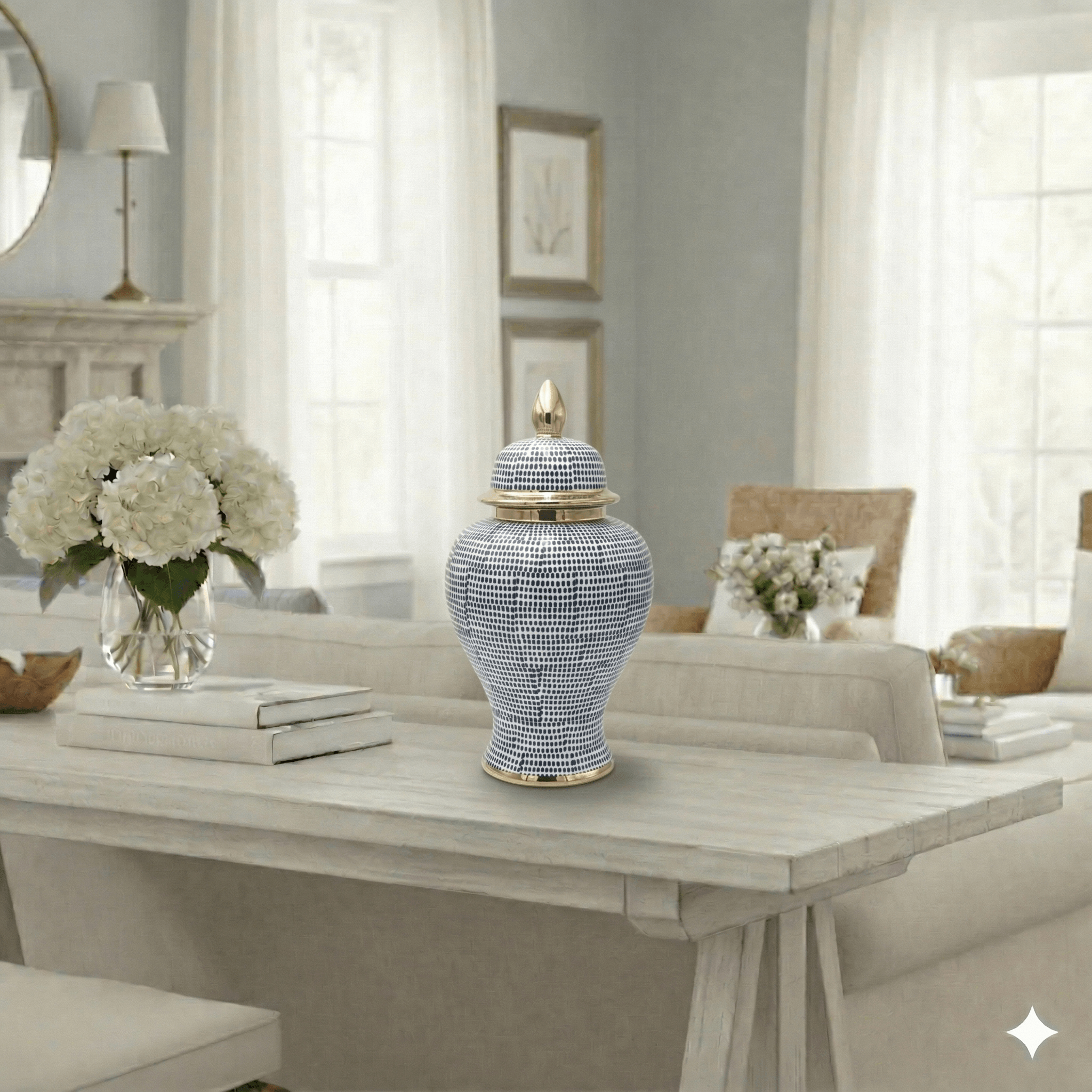 Hamptons Style Blue Dot Ceramic Temple Jar