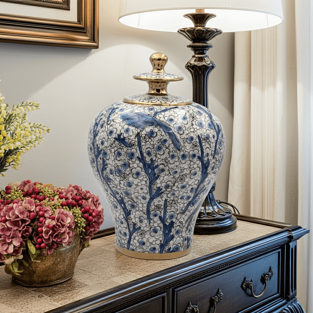 Hand-Painted Blue Bird Floral 30cm Jar