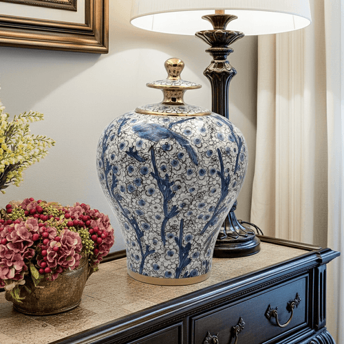 Hand-Painted Blue Bird Floral 30cm Jar