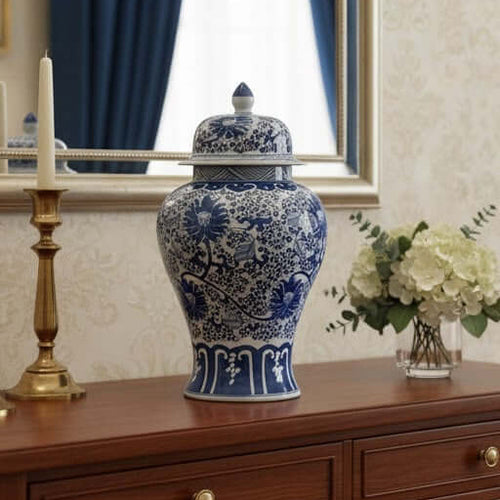 Hand-Painted Blue White Ginger Jar Large