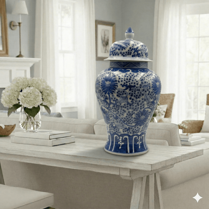 Hand-Painted Blue White Ginger Jar Large