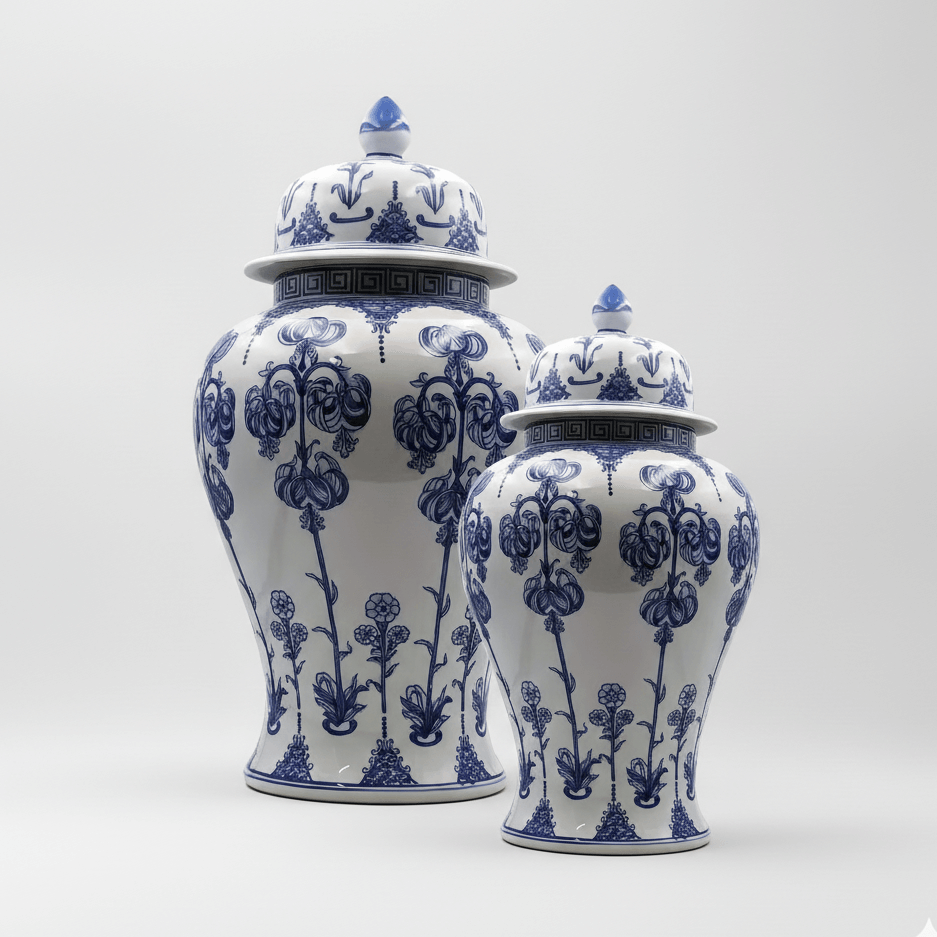 Hand-Painted Blue White Ginger Jar Set