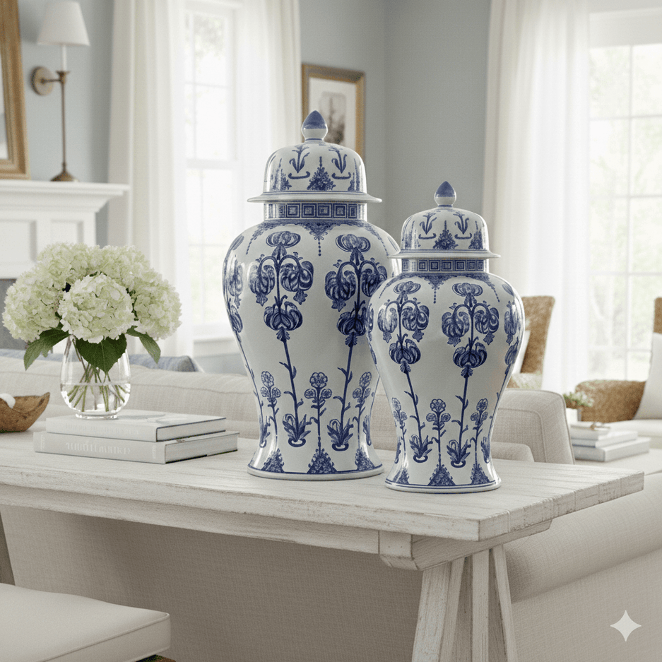 Hand-Painted Blue White Ginger Jar Set