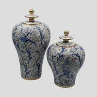 Hand-Painted Blue White Gold Ginger Jar Set