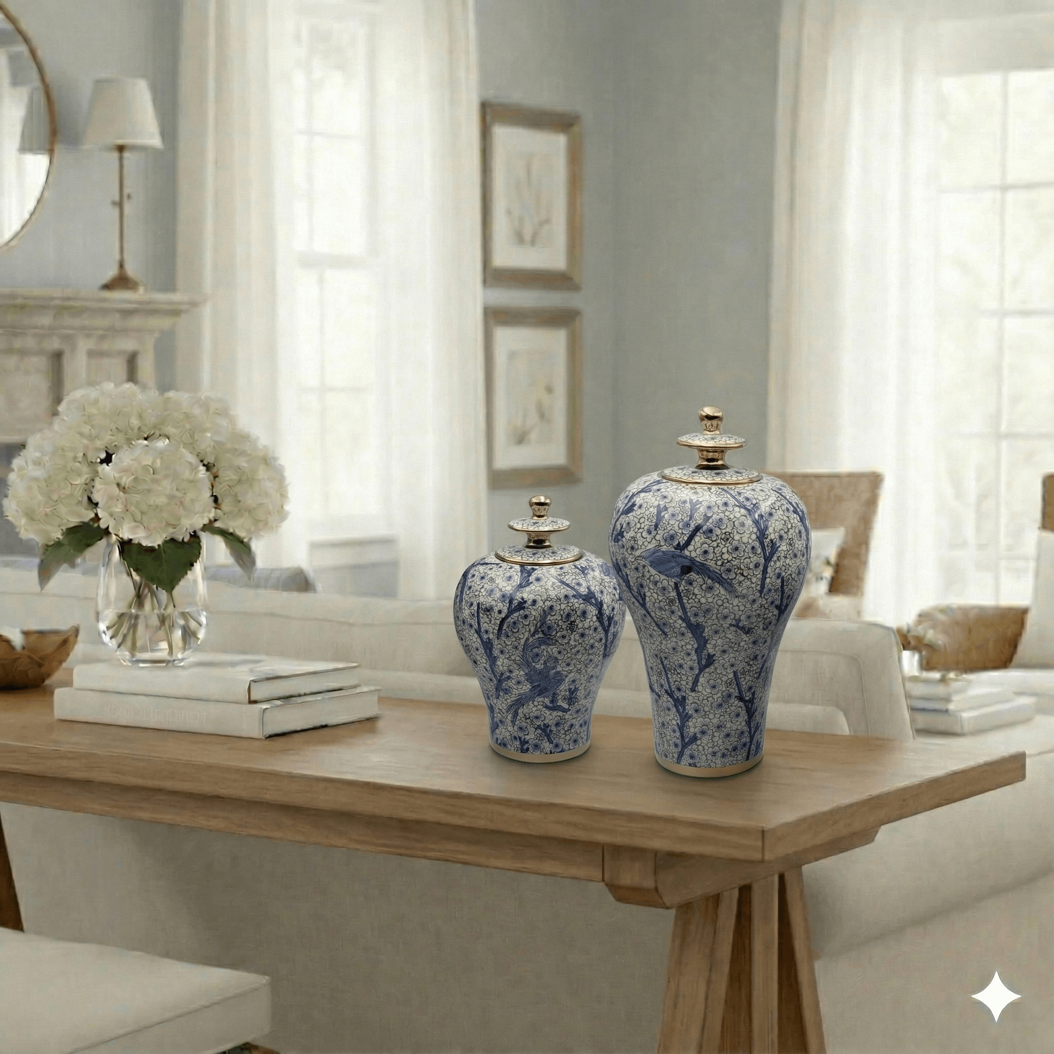 Hand-Painted Blue White Gold Ginger Jar Set