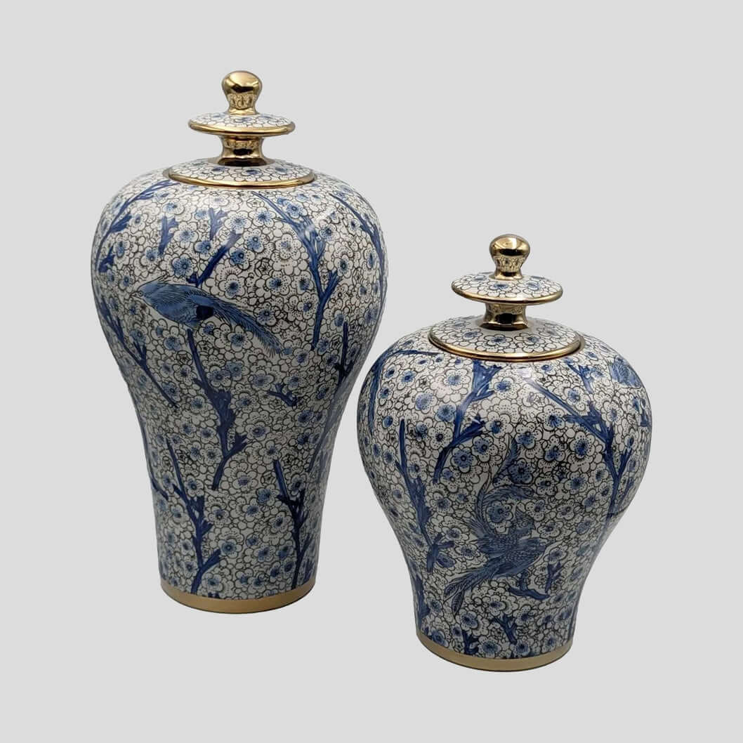 Hand-Painted Blue White Gold Ginger Jar Set