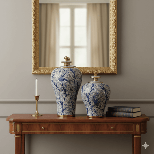 Hand-Painted Blue White Gold Ginger Jar Set