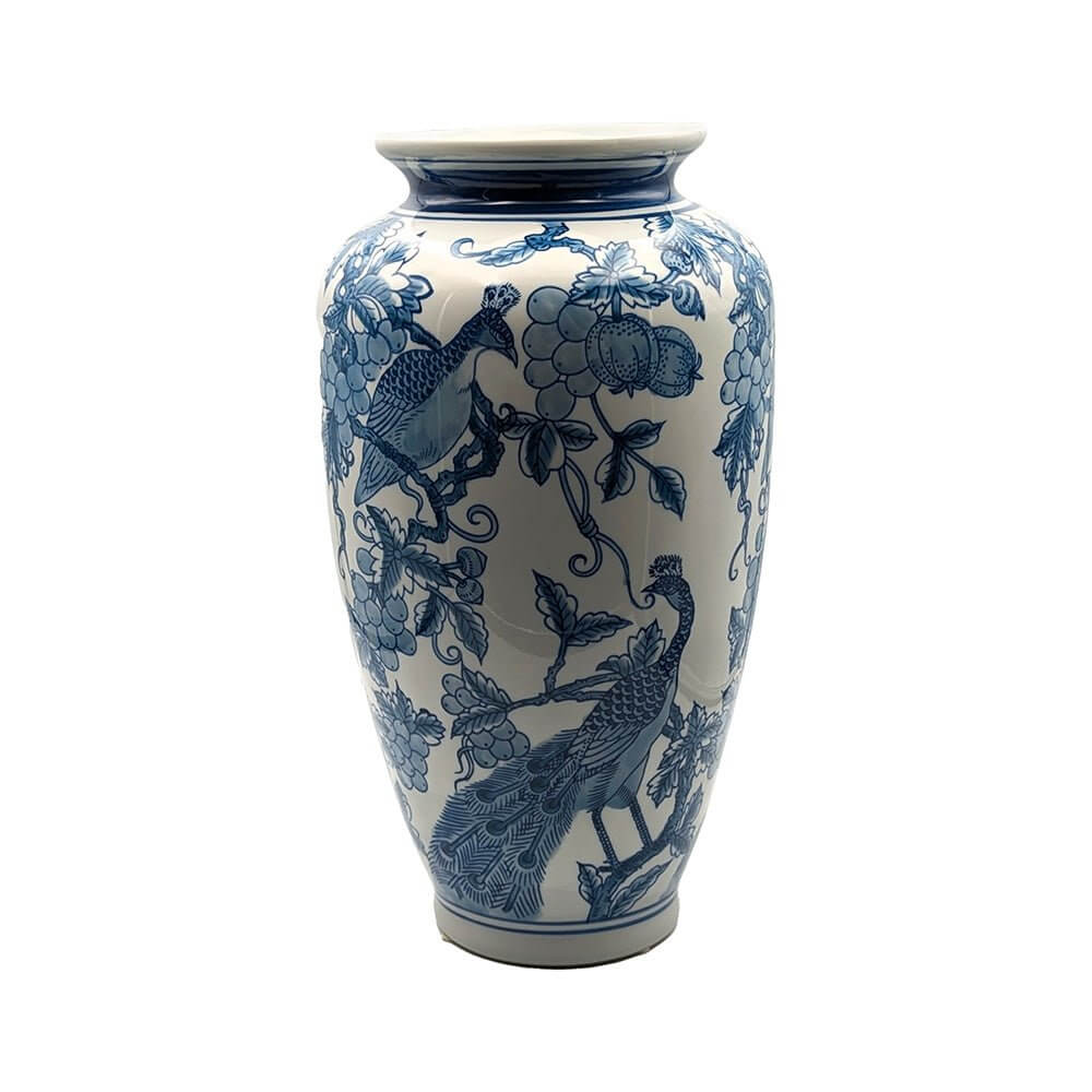 Hand-Painted Blue White Peacock Ceramic Vase