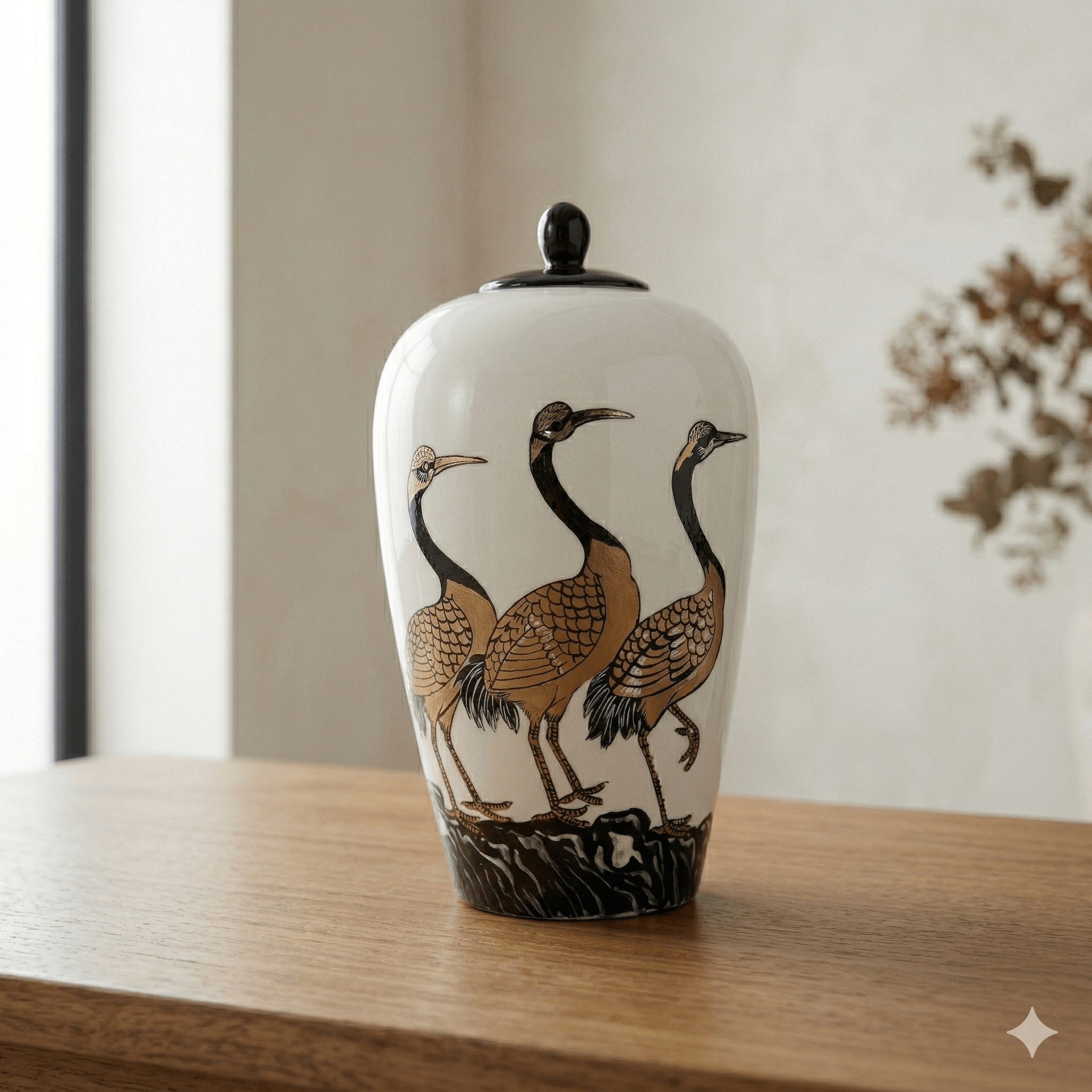 Hand-Painted Crane Motif Ceramic Ginger Jar