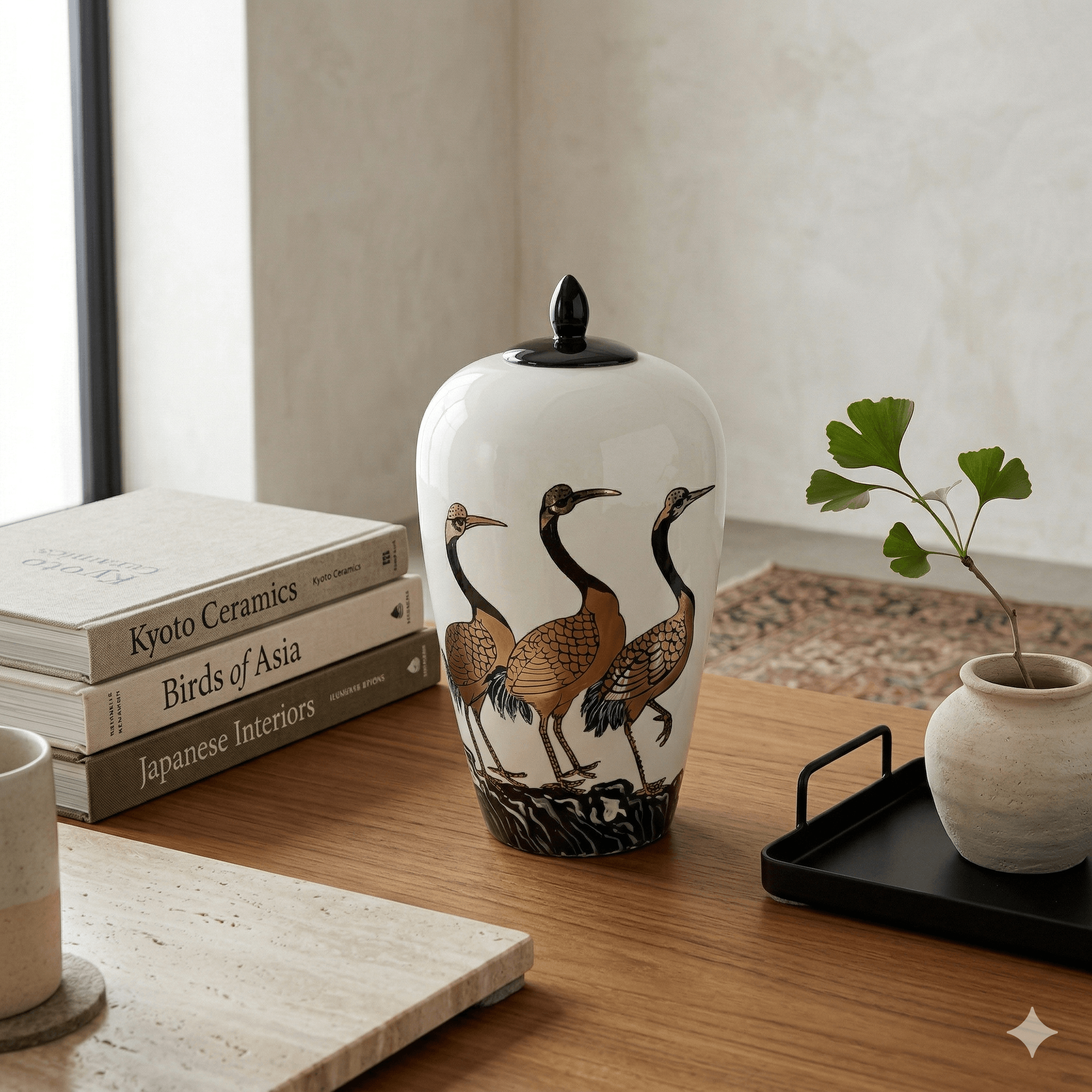 Hand-Painted Crane Motif Ceramic Ginger Jar