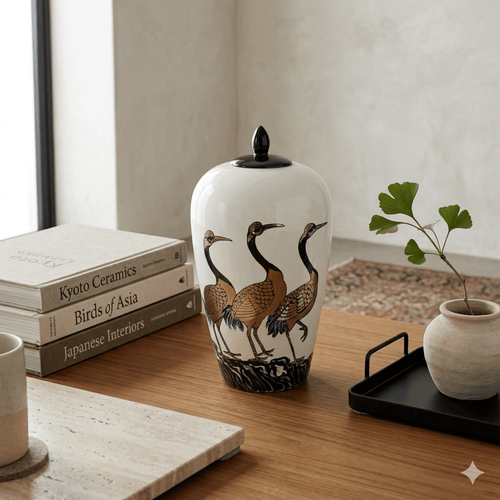 Hand-Painted Crane Motif Ceramic Ginger Jar