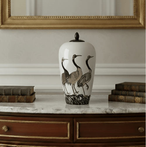 Hand-Painted Crane Motif Ceramic Ginger Jar