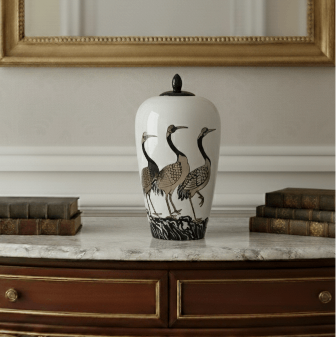 Hand-Painted Crane Motif Ceramic Ginger Jar
