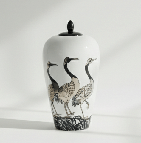 Hand-Painted Crane Motif Ceramic Ginger Jar
