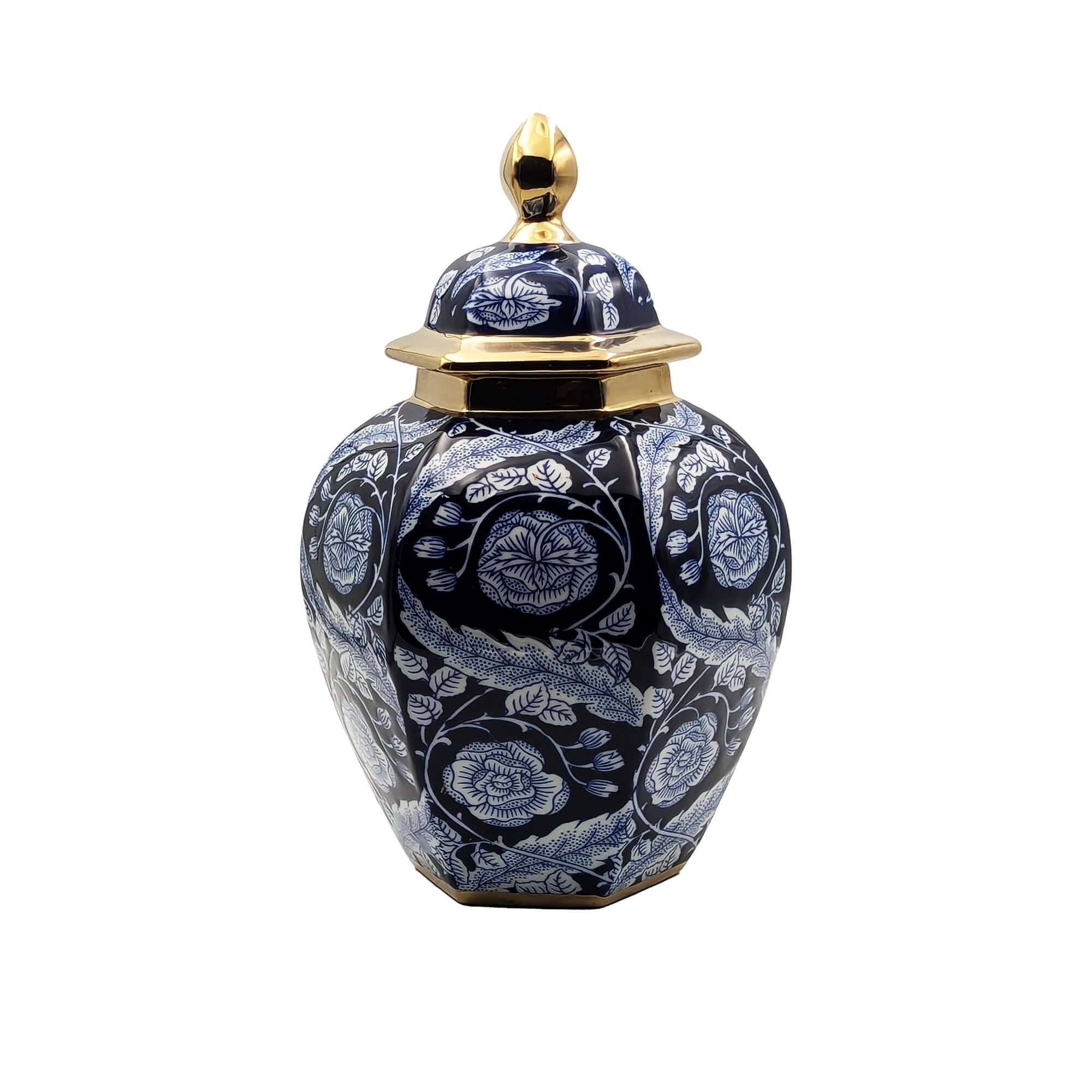 Hand-Painted Navy Gold Floral Temple Jar