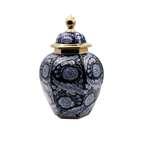 Hand-Painted Navy Gold Floral Temple Jar