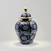 Hand-Painted Navy Gold Floral Temple Jar