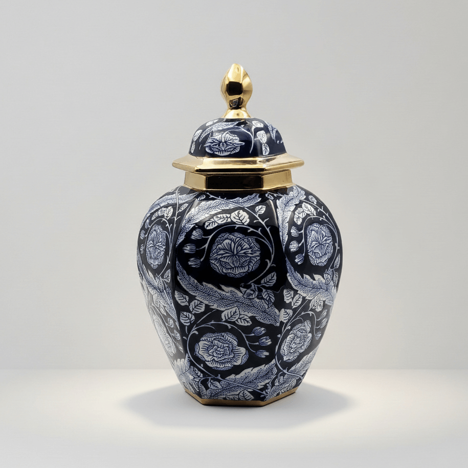 Hand-Painted Navy Gold Floral Temple Jar